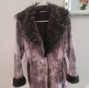 Elegant Faux Fur Trimmed Coat Allen B SUEDE Size M